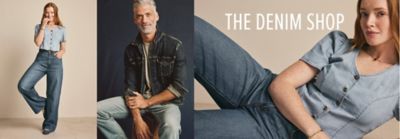 A woman in a light blue shirt and jeans. A man in a denim jacket and jeans. The denim shop. 