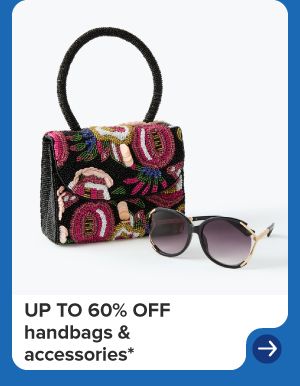 A small handbag and sunglasses. Up to 50% off handbags and accessories.