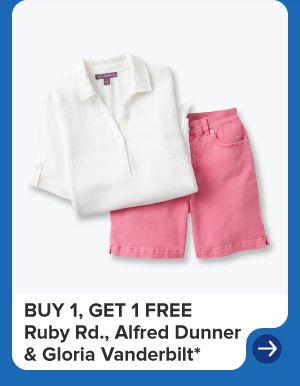 A white top and pink shorts. Buy one, get one free Ruby Road, Alfred Dunner and Gloria Vanderbilt.