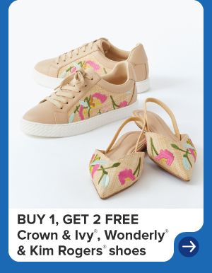 Tan shoes and flats with pink and green accents. Buy one, get two free Crown and Ivy and Wonderly shoes.