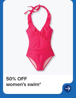 A pink one piece swim suit. 50% off women's swim.