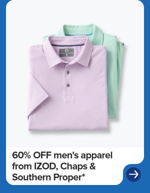 Pink and green men's polos. 60% off men's apparel from IZOD, Chaps and Southern Proper.