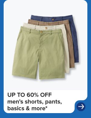 Men's shorts in various colors. Up to 60% off men's shorts, pants, basics and more.