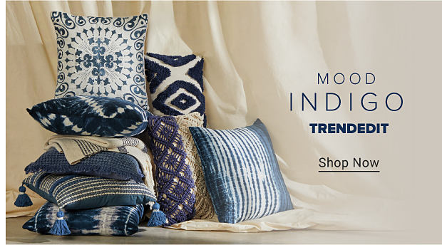 Image of navy blue and neutral throw pillows Mood Indigo TrendEdit Shop Now