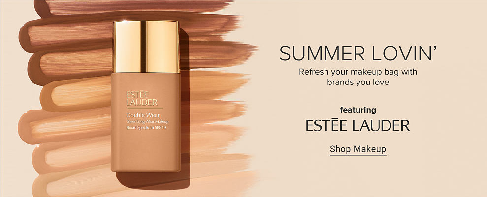 An Estee Lauder makeup product with a variety of makeup shades behind it. Summer lovin'. Refresh your makeup bag with brands you love. Featuring Estee Lauder. Shop makeup.