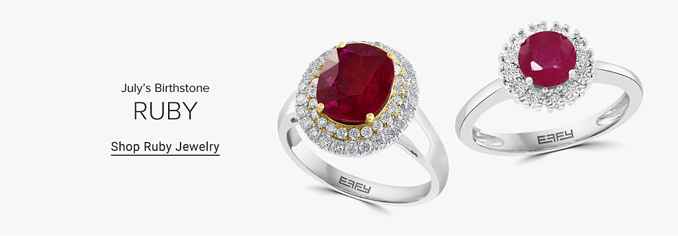 Two silver rings, each with a ruby surrounded by other jewels. July's birthstone. Ruby. Shop ruby jewelry. 