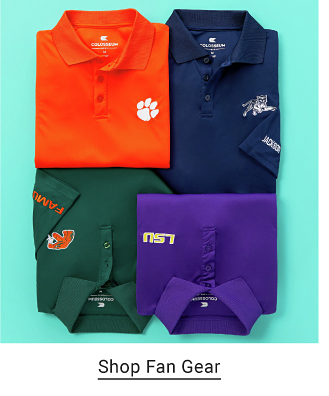 Folded polo shirts with college logos, like the Clemson and LSU tigers. Shop fan gear. 