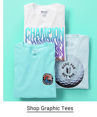 Three tees. One with a golf ball that says Make Par, Not War. One with the word Champion repeated in a wavy script of blue, purple and gold. And one light blue tee with an image of a wave on the chest. Shop graphic tees. 