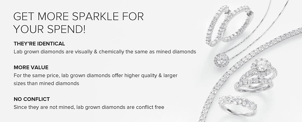 An image of lab grown diamond jewelry, including pendants, earrings and a bracelet. Get more sparkle for your spend. They're identical. Lab grown diamonds are visually and chemically the same as mined diamonds. More value. For the same price, lab grown diamonds offer higher quality and larger sizes than mined diamonds. No conflict. Since they are not mined, lab grown diamonds are conflict free. 