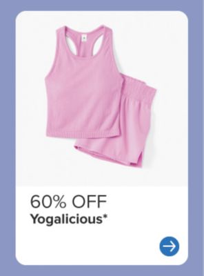 An image of a pink workout tank top and matching shorts. 60% off Yogalicious.