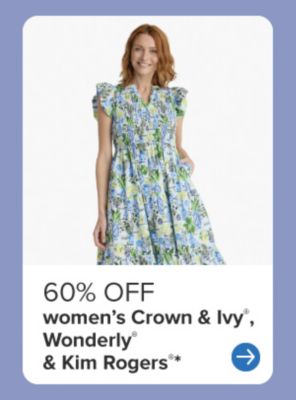 An image of a woman in a floral dress. 60% off Crown & Ivy, Wonderly & Kim Rogers.
