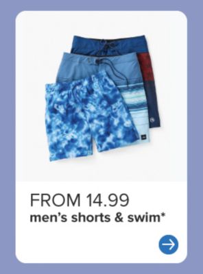 A image of a stack of three men's swim shorts. From 14.99 men's shorts & swim.
