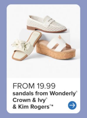 An image of three individual white sandals. Buy 1, get 2 free shoes from Wonderly & Crown & Ivy.