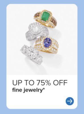An image of four rings with different stones. Up to 75% off fine jewelry.