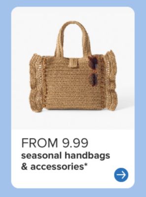 An image of a woven straw purse. From 9.99 seasonal handbags and accessories.
