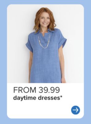 A photo of a woman in a blue dress. From 39.99 daytime dresses.