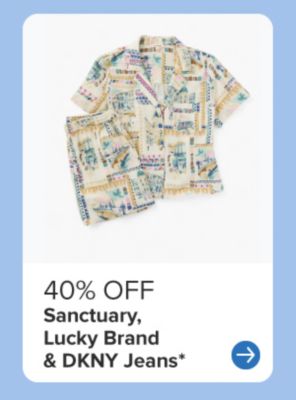 An image of a patterned women's button down and shorts set. 40% off Sanctuary, Lucky Brand & DKNY Jeans.