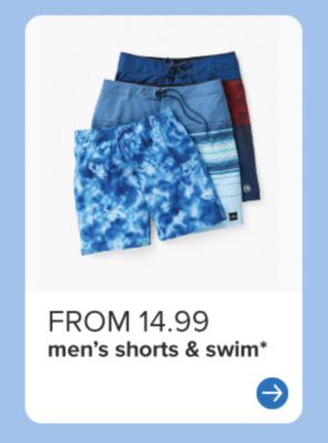 An image of a stack of three men's swim shorts. From 14.99 men's shorts & swim.