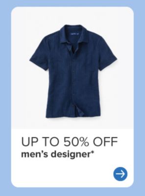 An image of a navy men's button down. Up to 50% off men's designer.