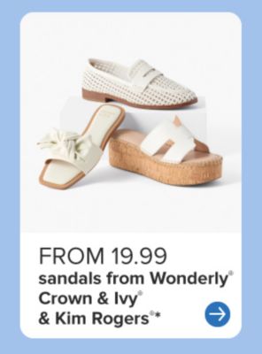 An image of three individual white sandals. Buy 1, get 2 free shoes from Wonderly & Crown & Ivy.