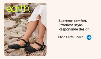 An image of a woman in flats sitting on a rock. Shoes for pursuing passions, big and small. EARTH.