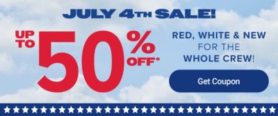 July fourth sale. Up to 50% off. Get coupon.