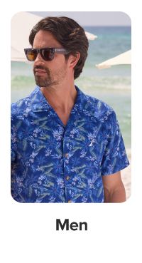 A man in a blue button up. Shop men.