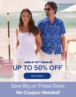 A man and a woman on a beach in summer fashion. July fourth sale. Up to 50% off. Get coupon.