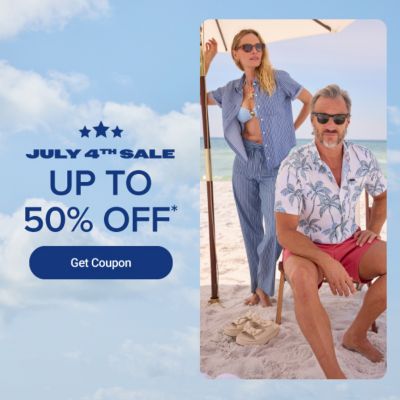 A man and a woman on a beach in summer fashion. July fourth sale. Up to 50% off. Get coupon.