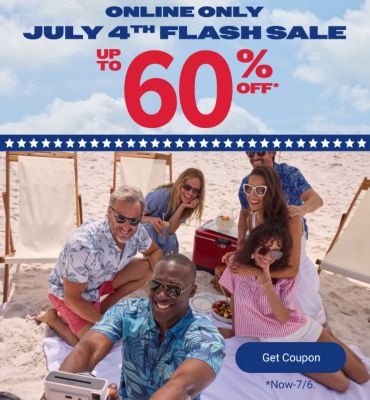 A group of men and women taking a photo together on the beach. Online only, July fourth flash sale. Up to 60% off. Save big on these deals, no coupon needed.