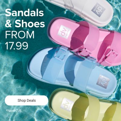 Colorful slide sandals sitting on water. Sandals and shoes from 17.99. Shop deals. Now through July 6.