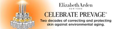 Elizabeth Arden New York. Celebrate Prevage. Two decades of correcting and protecting skin against environmental aging. Various skin care products.