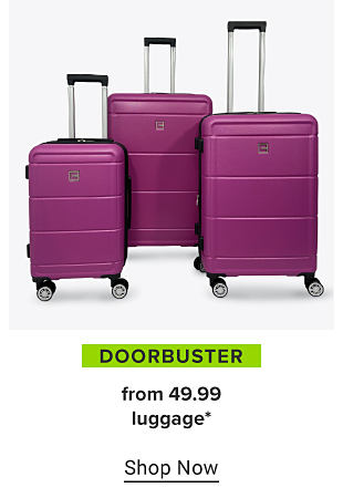 Three purple rolling suitcases. Doorbusters, from 49.99 luggage. Shop now. 