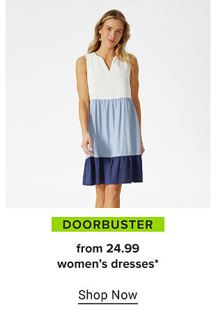A woman in a white, light blue and blue dress. Doorbuster, from 24.99 women's dresses. Shop now. 