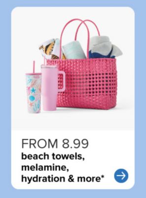 From 9.99 beach towels, outdoor dinnerware and more. Red mesh tote bag with beach accessories. 