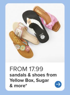  From 17.99 sandals and shoes from Yellow Box, Sugar and more. Colorful sandals with floral and patterned designs. 