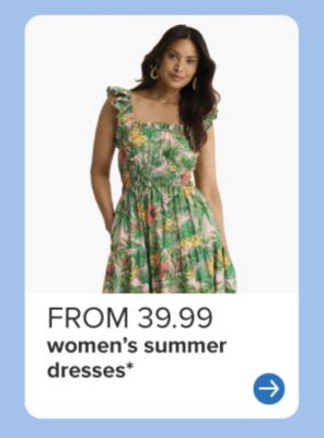 From 39.99 women's summer dresses. Woman in green floral dress. 