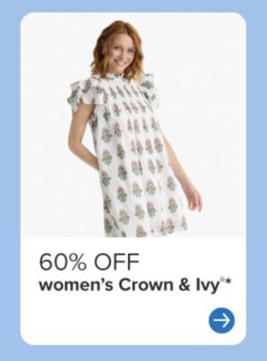 60% off women's Crown and Ivy. Woman in white patterned dress. 