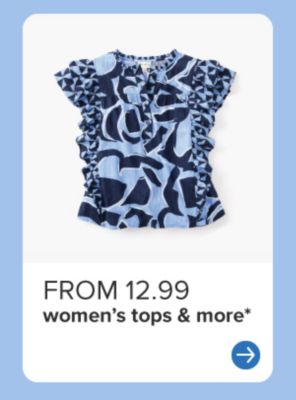 From 12.99 women's tops and more. Blue patterned sleeveless top. 