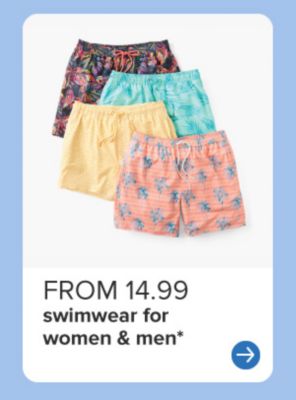 From 16.99 men's and women's swimwear. Colorful swim shorts in various patterns. 