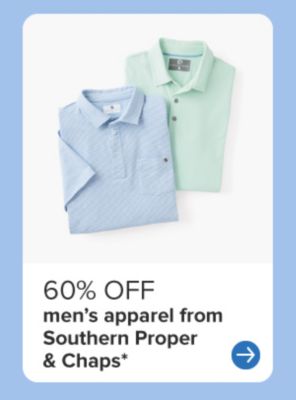 60% off men's apparel from Southern Proper and Chaps. Light blue and green button-down shirts. 