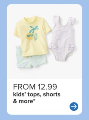From 12.99 kids' tops, shorts and more. Yellow t-shirt and gray romper with mint shorts. 