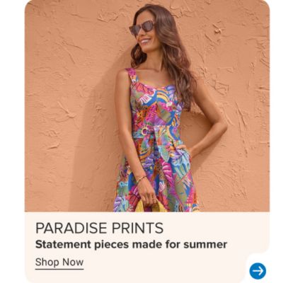 Image of woman in tropical dress. Paradise prints. Statement pieces made for summer. Shop now. Image of woman in Navy colored dress. Shop now.
