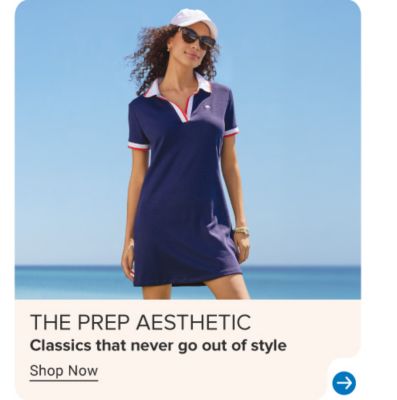 Image of woman in Navy colored dress. The prep aesthetic. Classics that never go out of style. Shop now.