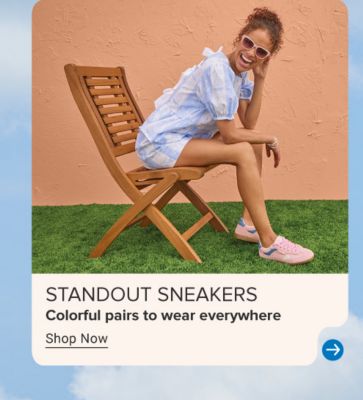 Image of woman in pink sneakers. Stand out sneakers. Colorful pairs to wear everywhere. Shop now. 