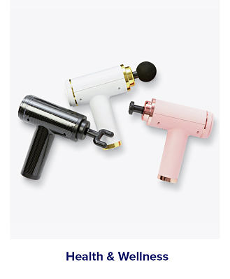 Three massage guns in silver, white and pink. Shop health and wellness.