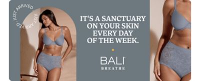 A woman in a gray bra and panty set. Just arrived. It's a sanctuary on your skin, every day of the week. Bali Breathe.