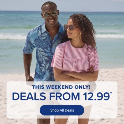 A man and a woman on the beach. This weekend only, deals from 12.99. Shop all deals.