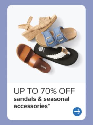 Up to 70% off sandals and seasonal accessories. Different colored sandals and wedges. 