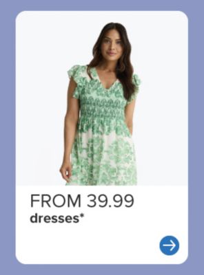 From 39.99 dresses. Woman in green floral sleeveless dress. 